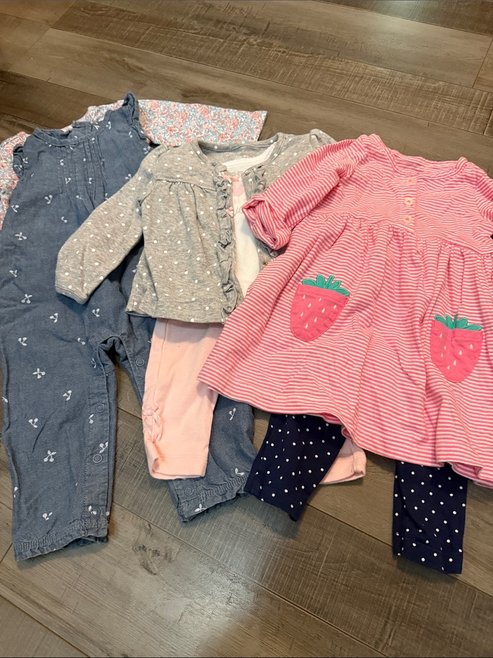 Carter's Pink Stripe Strawberry Dress & Navy Polka Dot Leggings Set